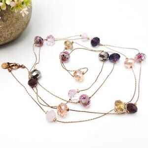 Ali-Khan New York Purple Pink Floral Glass Art Faceted Beads Long Necklace